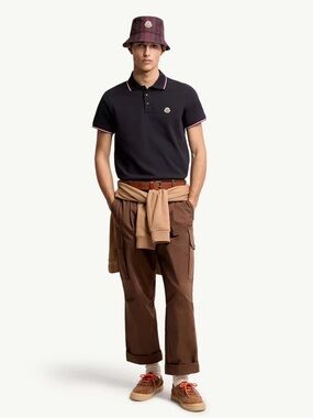 Moncler Tricolor-Trimmed Cotton Piquet Polo Shirt, mens L, Red